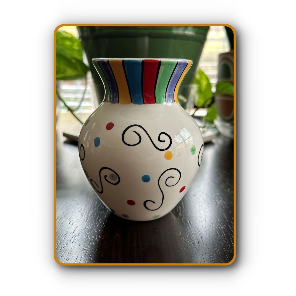 4" Pottery Hand Painted Ceramic Vase Multicolor Swirls and Dots Vintage Y2K 90s